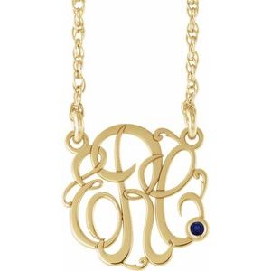 14K Yellow Gold-Plated Sterling Silver 25 mm 3-Initials Imitation Blue Sapphire Script Monogram 18" Necklace