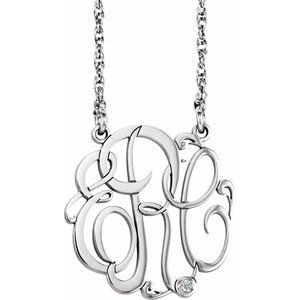 Rhodium-Plated Sterling Silver 20 mm 3 Initials .02 CT Natural Diamond Script Monogram 18" Necklace