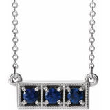 14K White Lab-Grown Blue Sapphire Three-Stone Bar 16-18" Necklace