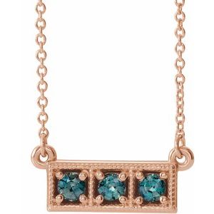 14K Rose Natural Blue Zircon Three-Stone Bar 16-18" Necklace