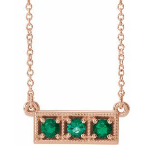 14K Rose Natural Emerald Three-Stone Bar 16-18" Necklace