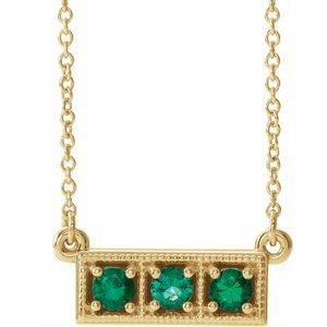 14K Yellow Lab-Grown Emerald Three-Stone Bar 16-18" Necklace