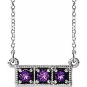 14K White Natural Amethyst Three-Stone Bar 16-18" Necklace