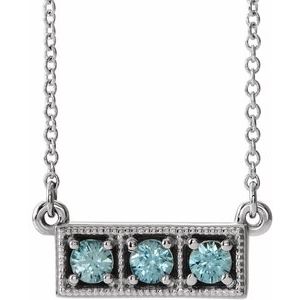 Platinum Natural Blue Zircon Three-Stone Bar 16-18" Necklace