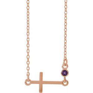 14K Rose Natural Amethyst Sideways Cross 16-18" Necklace