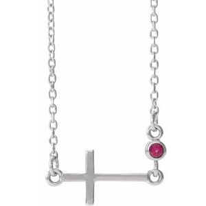 Sterling Silver Natural Ruby Sideways Cross 16-18" Necklace