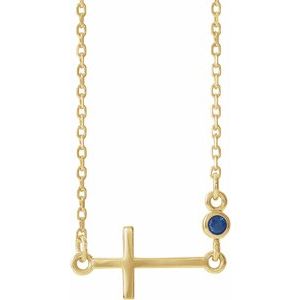 14K Yellow Lab-Grown Blue Sapphire Sideways Cross 16-18" Necklace