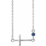 14K White Lab-Grown Blue Sapphire Sideways Cross 16-18" Necklace