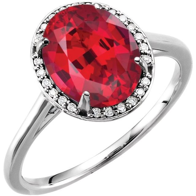 14K White 10x8 mm Lab-Grown Ruby & .06 CTW Natural Diamond Ring