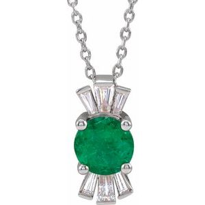 Sterling Silver Natural Emerald & 1/6 CTW Natural Diamond 16-18" Necklace
