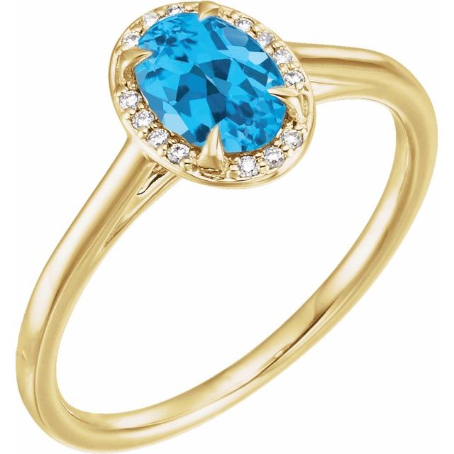 14K Yellow 7x5 mm Natural Swiss Blue Topaz & .03 CTW Natural Diamond Ring
