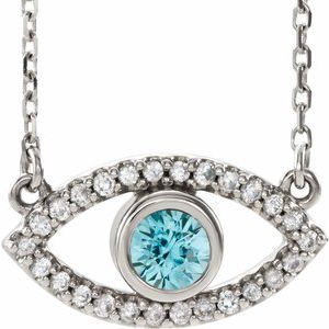14K White Natural Blue Zircon & Natural White Sapphire Evil Eye 16" Necklace