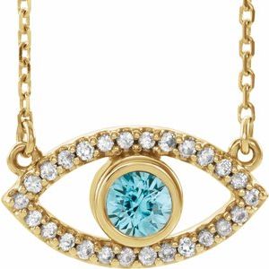 14K Yellow Natural Zircon & Natural White Sapphire Evil Eye 16" Necklace