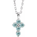 14K White Natural Aquamarine Cross 16-18" Necklace