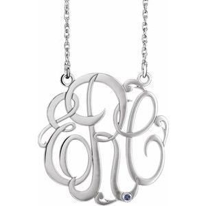 14K White 30 mm 3-Initials Imitation Blue Zircon Script Monogram 18" Necklace