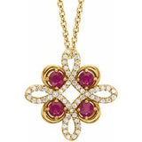 14K Yellow Lab-Grown Ruby & 1/6 CTW Diamond Clover 18" Necklace
