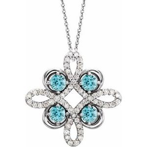 Platinum Natural Blue Zircon & 1/8 CTW Natural Diamond Clover 18" Necklace