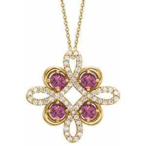 14K Yellow Natural Pink Tourmaline & 1/8 CTW Natural Diamond Clover 18" Necklace