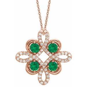 14K Rose Lab-Grown Emerald & 1/6 CTW Diamond Clover 18" Necklace