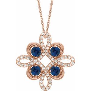 14K Rose Lab-Grown Blue Sapphire & 1/6 CTW Diamond Clover 18" Necklace