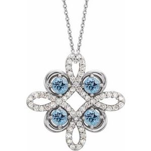Platinum Natural Aquamarine & 1/6 CTW Natural Diamond Clover 18" Necklace