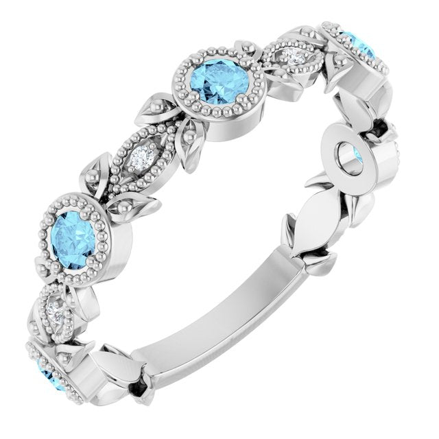Sterling Silver Natural Aquamarine & .03 CTW Natural Diamond Leaf Ring