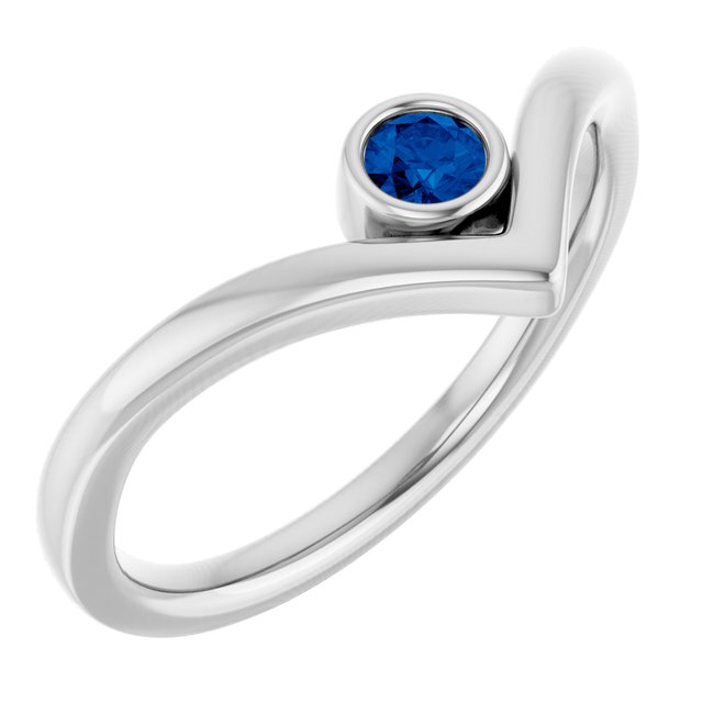Platinum Natural Blue Sapphire Bezel-Set V Ring