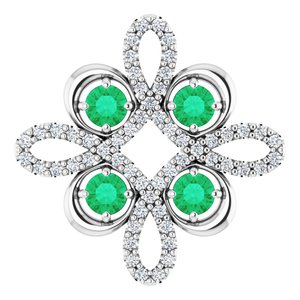 14K White Lab-Grown Emerald & 1/6 CTW Diamond Clover Pendant