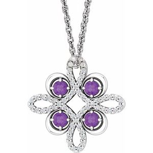 14K White Natural Amethyst & 1/6 CTW Natural Diamond Clover 18" Necklace