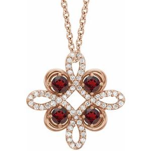 14K Rose Natural Mozambique Garnet & 1/6 CTW Natural Diamond Clover 18" Necklace