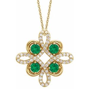 14K Yellow Lab-Grown Emerald & 1/6 CTW Diamond Clover 18" Necklace
