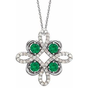 14K White Lab-Grown Emerald & 1/6 CTW Diamond Clover 18" Necklace