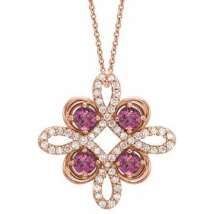 14K Rose Natural Pink Tourmaline & 1/8 CTW Natural Diamond Clover 18" Necklace