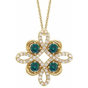 14K Yellow Lab-Grown Alexandrite & 1/6 CTW Diamond Clover 18" Necklace