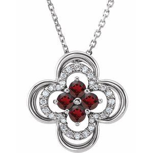 14K White Natural Mozambique Garnet & .08 CTW Natural Diamond Clover 18" Necklace