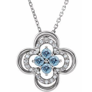 14K White Natural Aquamarine & .08 CTW Natural Diamond Clover 18" Necklace