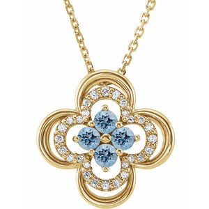 14K Yellow Natural Aquamarine & .08 CTW Natural Diamond Clover 18" Necklace