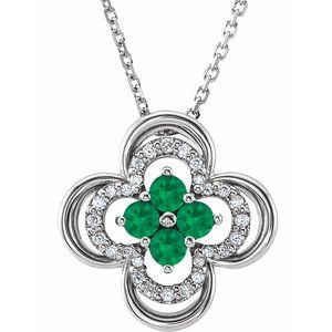 14K White Natural Emerald & 1/10 CTW Natural Diamond Clover 18" Necklace