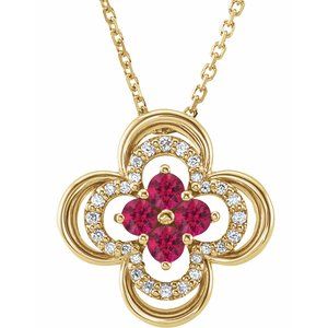 14K Yellow Natural Ruby & .08 CTW Natural Diamond Clover 18" Necklace