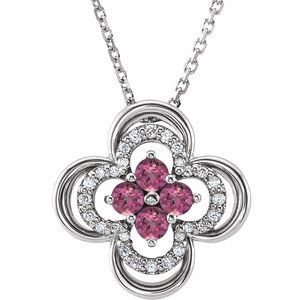 Platinum Natural Pink Tourmaline & .08 CTW Natural Diamond Clover 18" Necklace