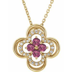 14K Yellow Natural Pink Tourmaline & .08 CTW Natural Diamond Clover 18" Necklace
