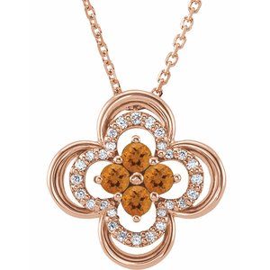 14K Rose Natural Citrine & .08 CTW Natural Diamond Clover 18" Necklace