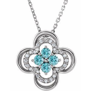 Platinum Natural Blue Zircon & .08 CTW Natural Diamond Clover 18" Necklace