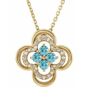 14K Yellow Natural Blue Zircon & .08 CTW Natural Diamond Clover 18" Necklace