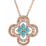14K Rose Natural Blue Zircon & .08 CTW Natural Diamond Clover 18" Necklace