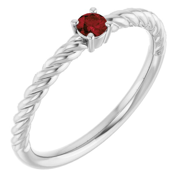 14K White 3 mm Natural Mozambique Garnet Solitaire Rope Ring