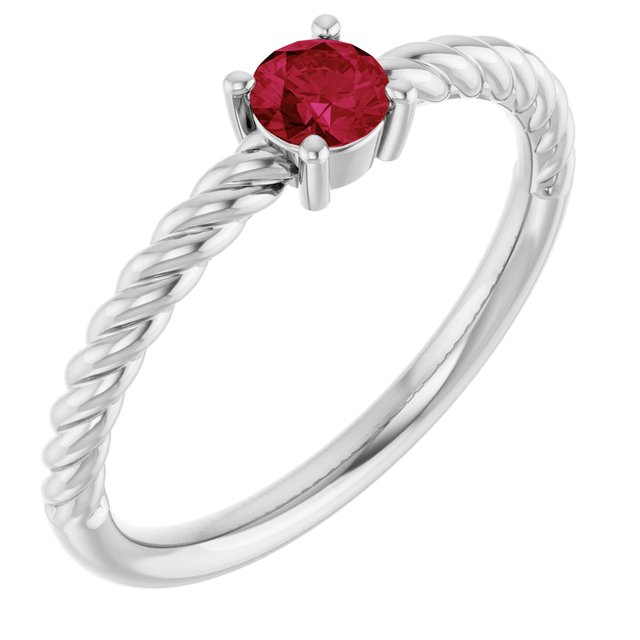 14K White 4 mm Lab-Grown Ruby Solitaire Rope Ring