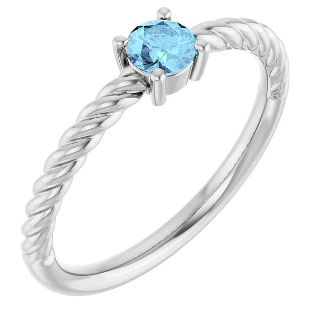 14K White 4 mm Natural Aquamarine Solitaire Rope Ring