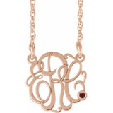 14K Rose Gold-Plated Sterling Silver 25 mm 3-Initials Imitation Mozambique Garnet Script Monogram 18" Necklace