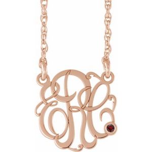 14K Rose Gold-Plated Sterling Silver 30 mm 3-Initials Imitation Mozambique Garnet Script Monogram 18" Necklace